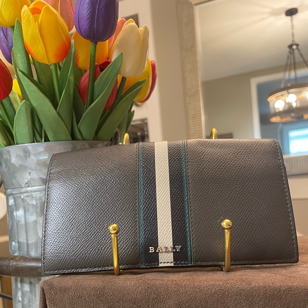 Bally Dark Brown Wallet with Teal, Black and Cream Stripe